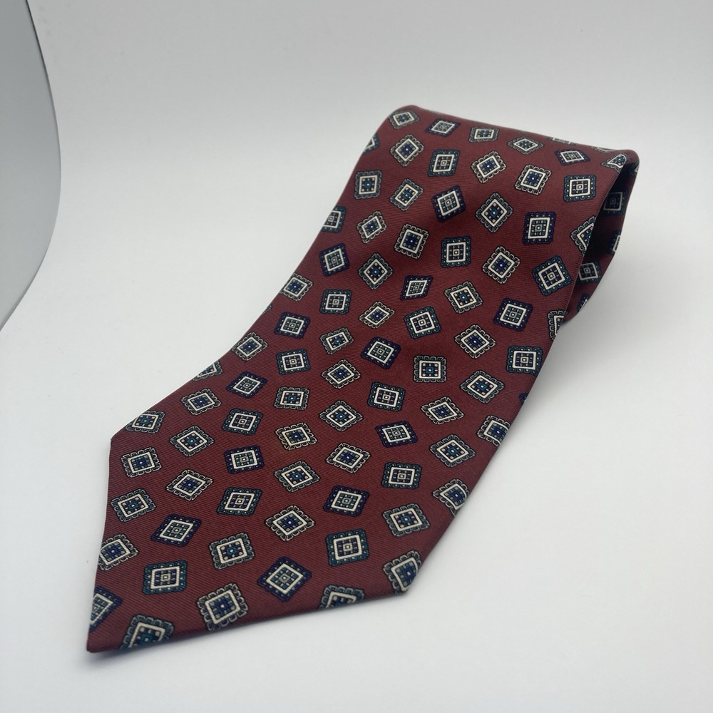 Oak Creek Italian Silk Maroon Navy Frame Pattern Tie Sewn in USA